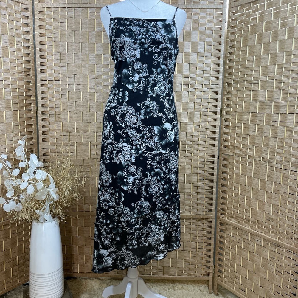Black & White Floral Slip Dress-Stretchy